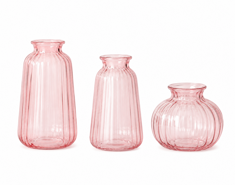 Pink Ribbed Glass Bud Vases (3 heights)